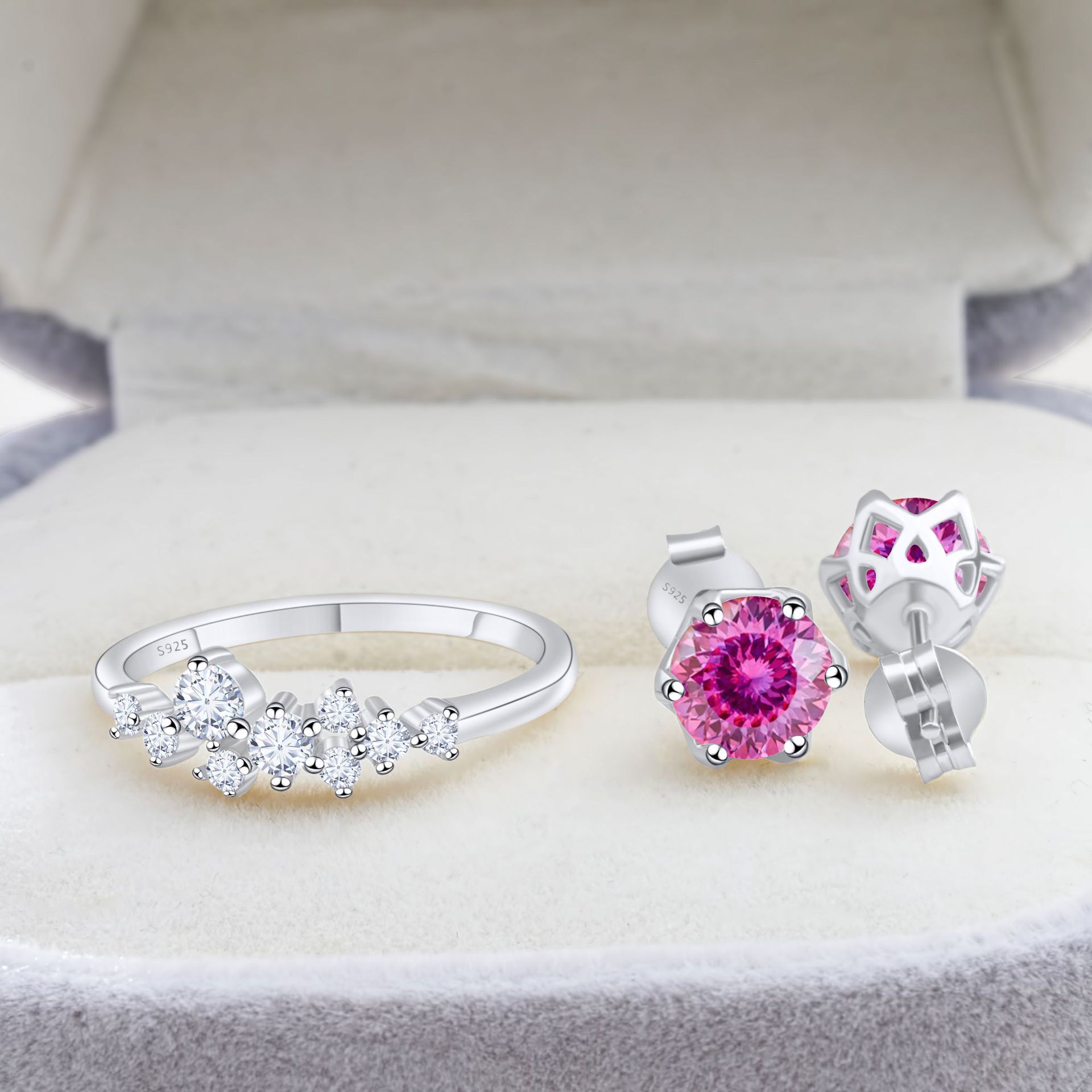 Cross-Border Exclusive S925 Silver Moissanite Set Earrings + Ring with Certificate Sparkling Fire Diamond Cross-Border Hot Sale