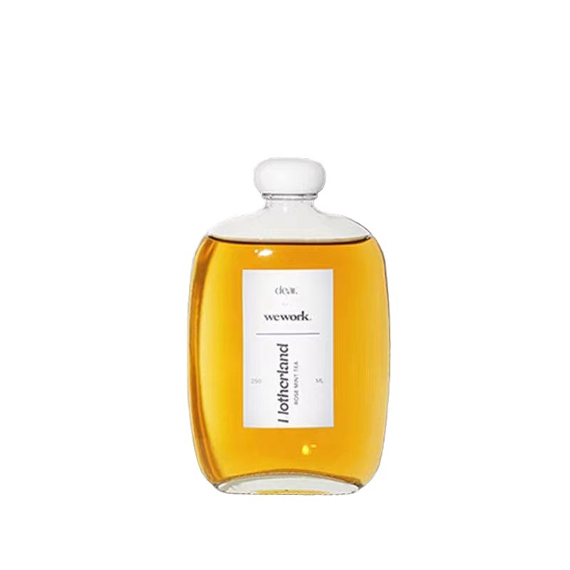 Factory in stock flat bottle beverage milk tea coffee glass bottle mushroom flat bottle sealed leak-proof flat round empty bottle with lid