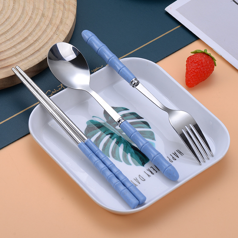 Cross-border stainless steel convenient tableware suit office workers outdoor travel bamboo handle spoon fork chopsticks tableware three-piece set