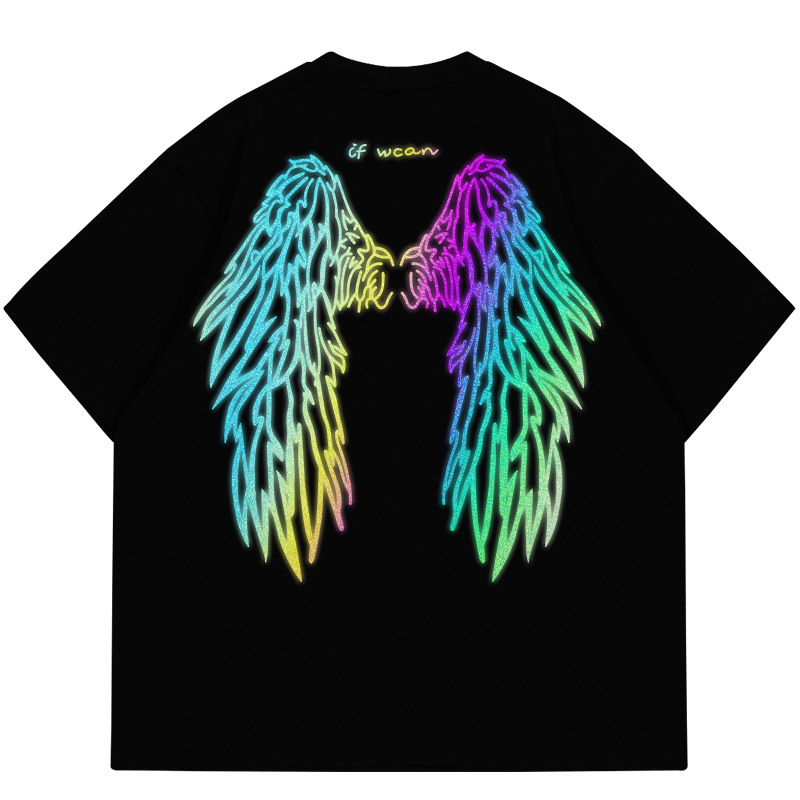 Laser Reflective Wings T-Shirt Summer New Ins Trendy Hot Stamping Angel Wings Loose Short-Sleeved Couple Wear Men's and Women's T-Shirts