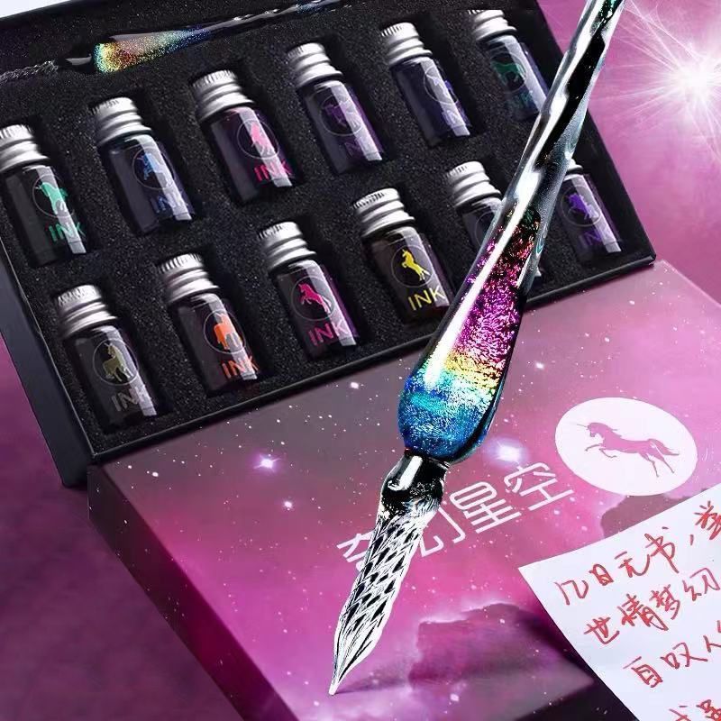 Crystal Glass Pen Dipped in Water Pen, Ancient Style Fairy Style Internet Celebrity Color Ink Crystal Glass Pen High-Value Gift Set