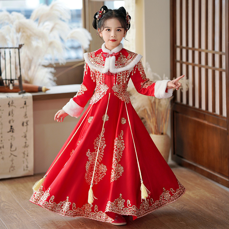 Girls' hanfu Chinese style winter fleece-lined children's New Year greeting clothes Tang suit red ancient costume dress little girl's skirt