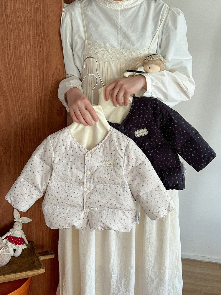 Baby Thickened down Jacket with Floral Pattern for Girls, Short Style, Autumn and Winter, 90% White Duck down Coat, Class a