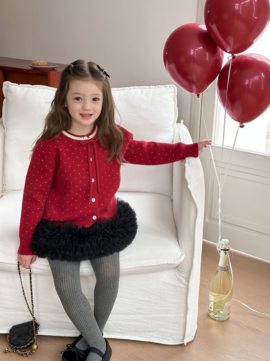 Christmas and New Year Style ~ Korean Style Sweet Polka Dot Bow Cashmere Knitted Cardigan Sweater Jacket for Baby Girls
