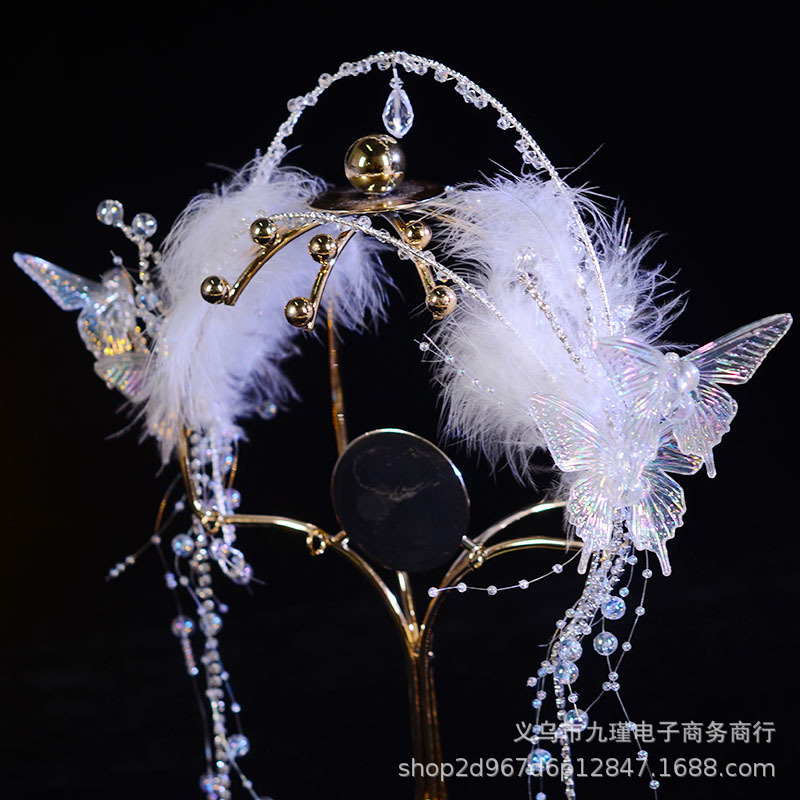 Ancient Style Hairband with Butterfly Feathers and Glass Beads, Forest-Style Bridal Headpiece for Photoshoots and Performances, Tassel Hair Accessory, Popular Forest Style Item