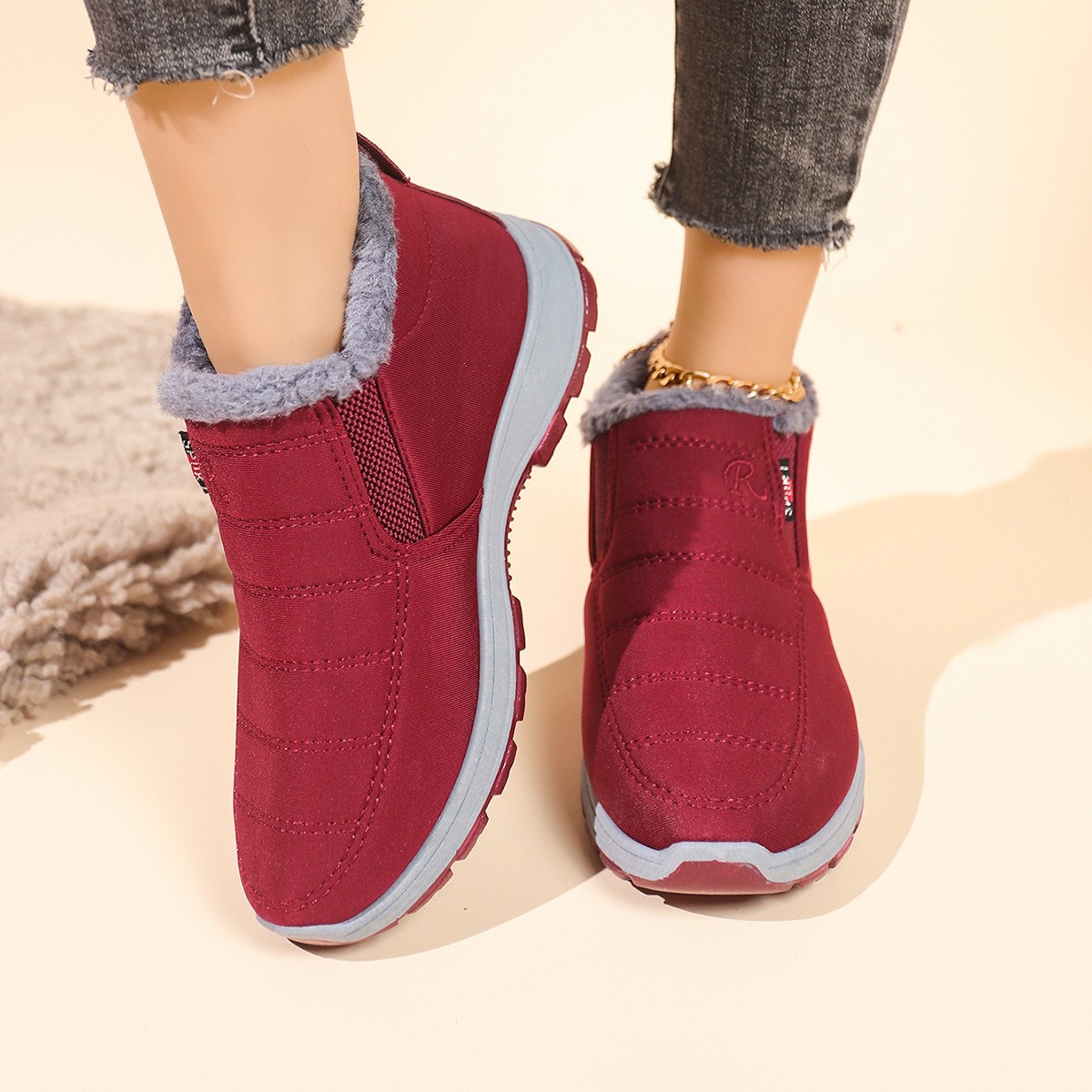 Temu Cross-Border 2025 New Foreign Trade Cotton Shoes Winter Fleece-Lined Thickened Couple Snow Boots Popular Non-Slip Short Boots
