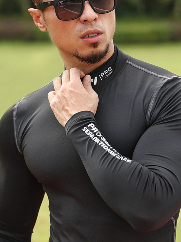 High-Elastic Sports Running Long-Sleeved Bodysuit Men's Shirt Fleece-Lined Sports Top Winter Quick-Drying High-Neck Fitness Clothes