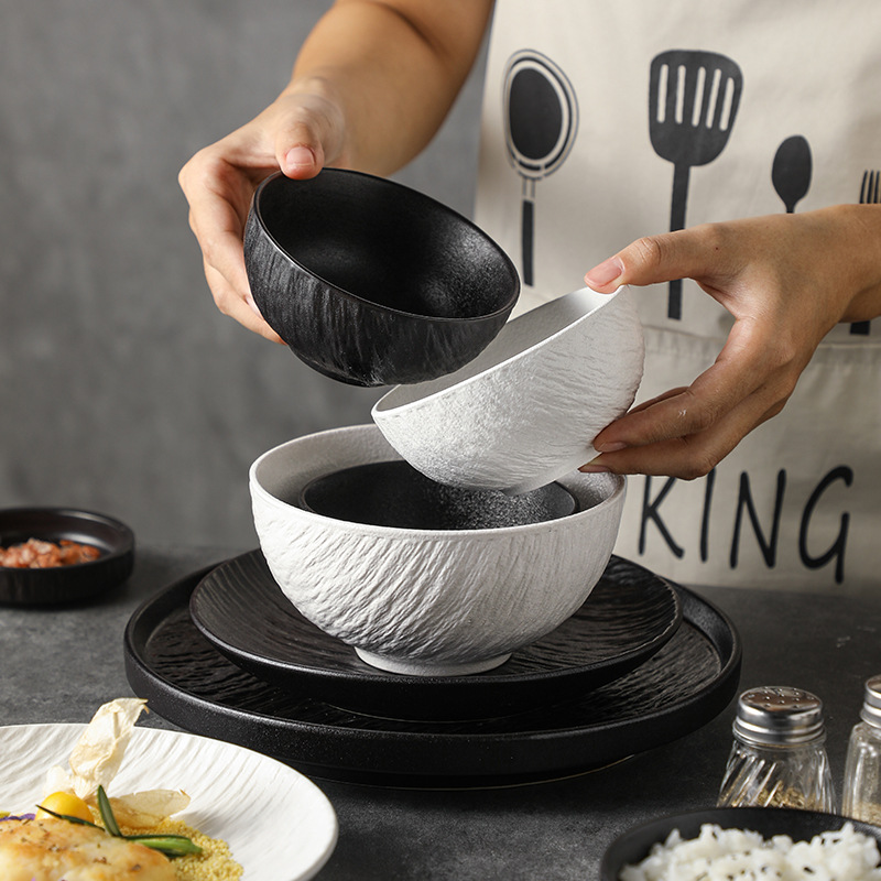 Stone Pattern Black and White Porcelain Bowls and Plates Tableware Home Set High-End Bowls and Plates Porcelain Combination Simple Ceramic Celadon