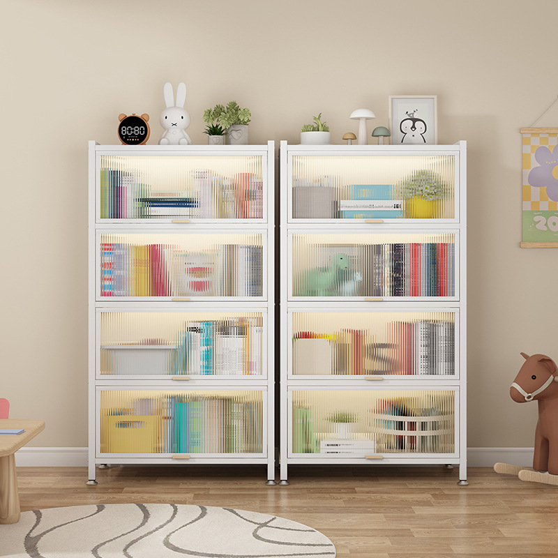 Household Bookcase with Door Dust-proof Locker Children's Multi-layer Floor-standing Iron Bookshelf Living Room Storage Steel Storage Rack