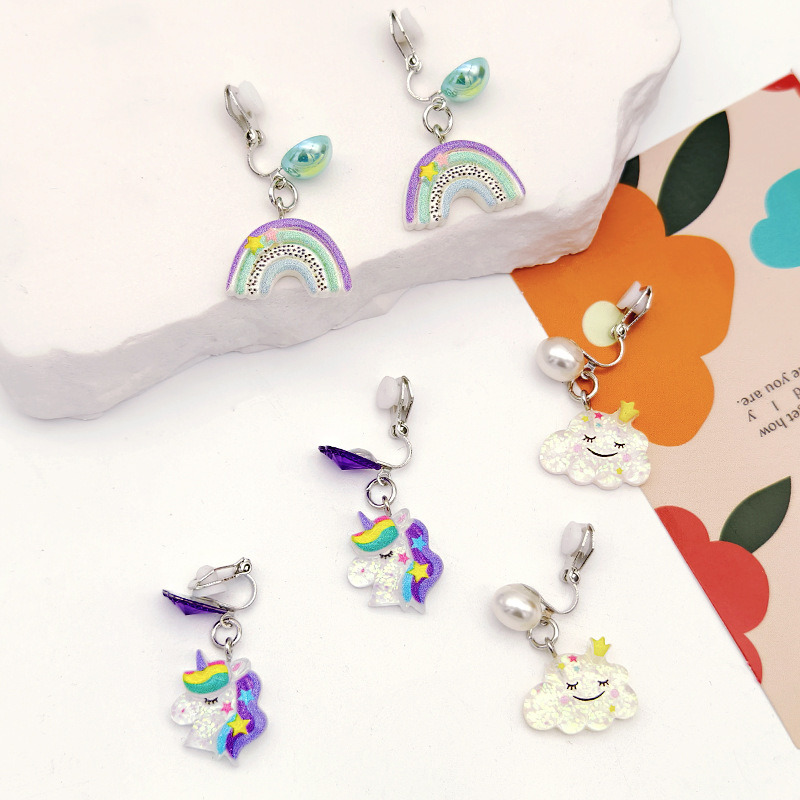 [Can] New Cross-Border Kidsren's Cute Unicorn Anti-Pain Ear Clip Dreamy Rainbow Butterfly Pierced Earrings