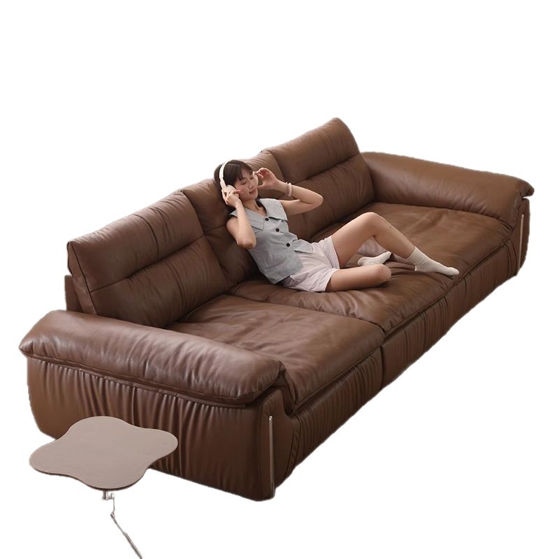 New Italian-Style Leather Sofa with Adjustable Seat Depth, Straight-Row High Backrest, Sweet Persimmon Cloud Sofa for the Living Room