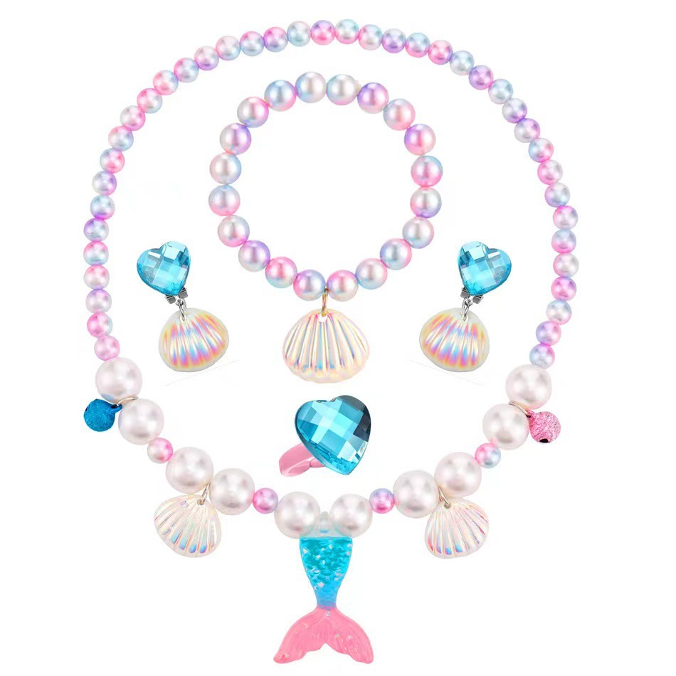 Cross-border children's necklace mermaid dazzling fishtail shell bracelet necklace earrings suit girl princess accessories