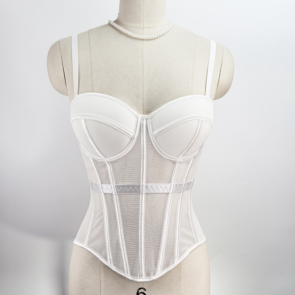 European and American Style Pure Desire Fishbone Bra Knitted Mesh Solid Color Camisole Slimming Beautiful Back Strap Bra Pad Outerwear Bra