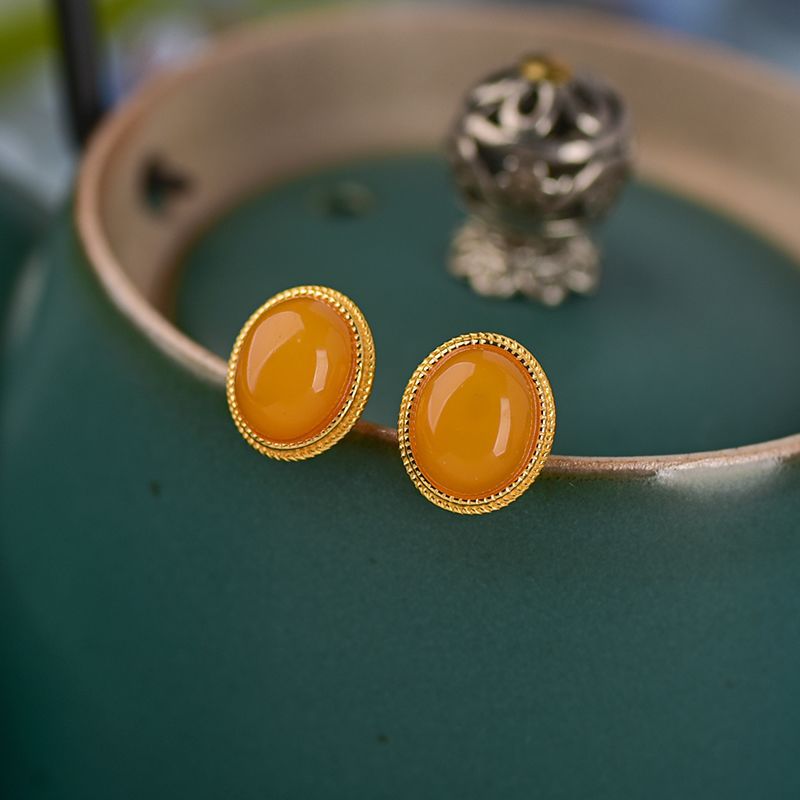 Серьги из натурального старого пчелиного воска и серебра 925 пробы [Сумеречный бриз], ретро стиль, доступная роскошь, овальные серьги из янтаря для женщин