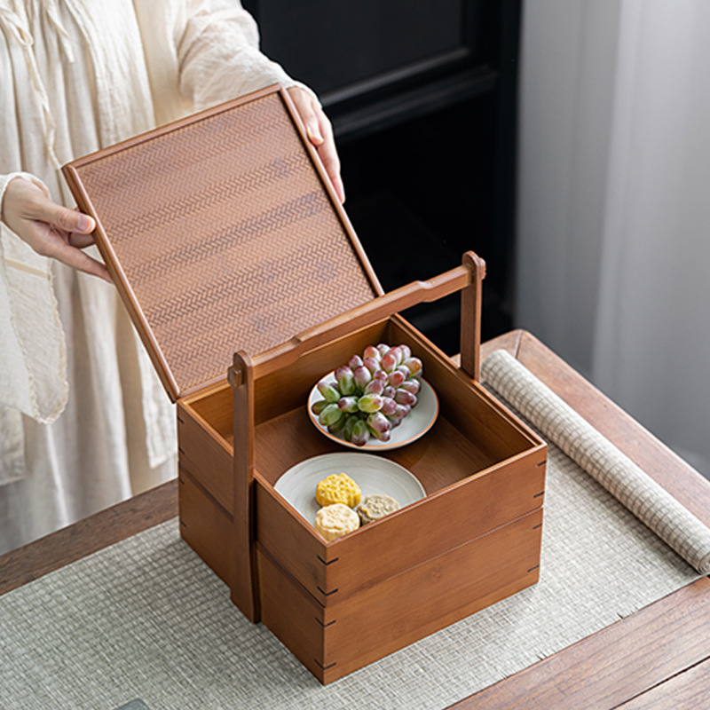 Retro Double-layer Snack Storage Box Chinese Tea Box Bamboo Outdoor Carrying Box Gift Multi-layer Food Box Tea Ceremony Accessories