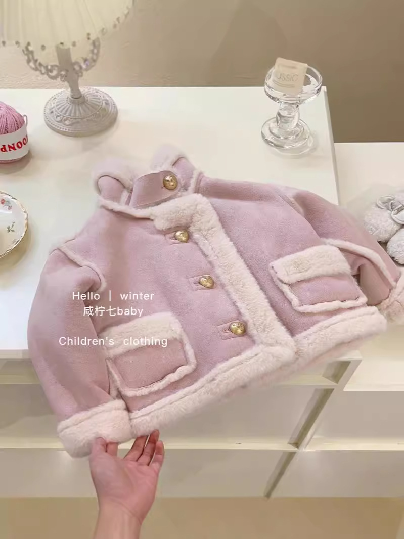 Girls' Fur-Lined Coat 2025 Autumn and Winter New Style Children's Fleece-Lined Thickened Winter Top for Toddlers and Young Children