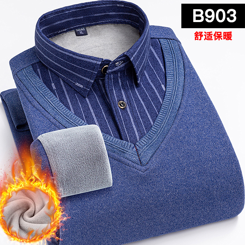 Cotton-added Middle-aged Thermal Underwear Men's Velvet-added Thickened Middle-aged High-end Fake Two-piece Top for Dad Warm Sweater