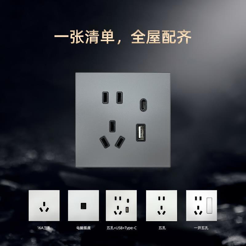 Youmi Z1 D1 Series Matching Skin-Feel Glass Socket Five-Hole 16A USB Socket