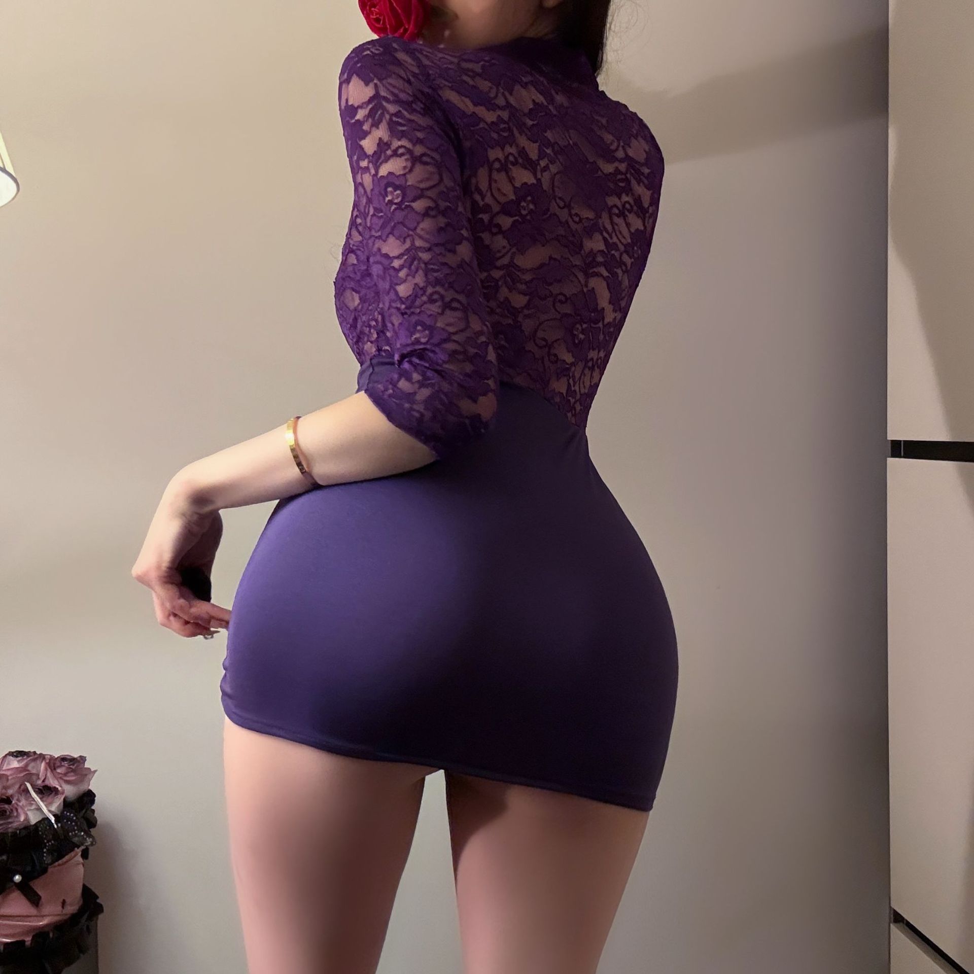 Purple Alluring Plus-Size Lingerie Sexy European and American Deep V See-Through Lace Uniform Seductive Secretary Dress Bodycon Skirt