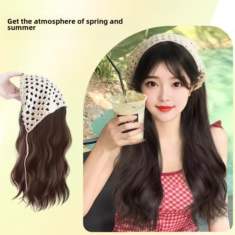 TikTok Internet Popular Same Wig Women's Chemical Fiber Long Hair Big Wave U-Shaped Hair Tailor Knitted Hood One-piece Hood