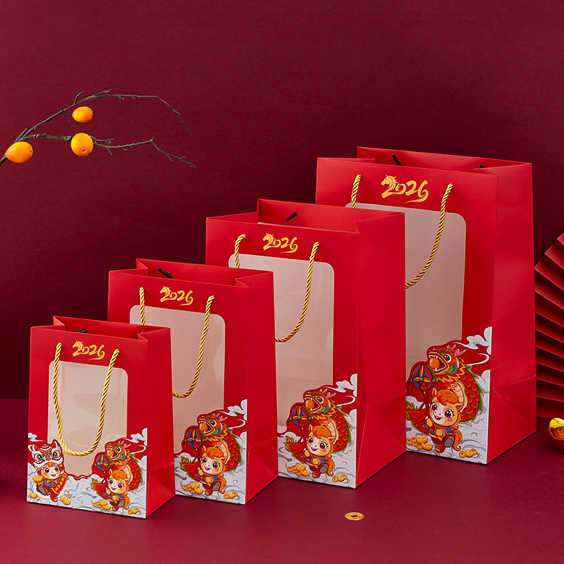 2026 New Year Window Bag Doll Bag Year of the Horse Gift Bag High-End Paper Bag Red Handbag New Year's Day Holiday Bag