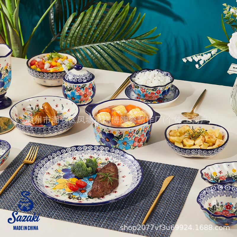 Export Export Ceramic Tableware Underglaze Color Household Bowls, Plates, Spoons, Soup Bowls, Simple Ceramic Tableware, High-End