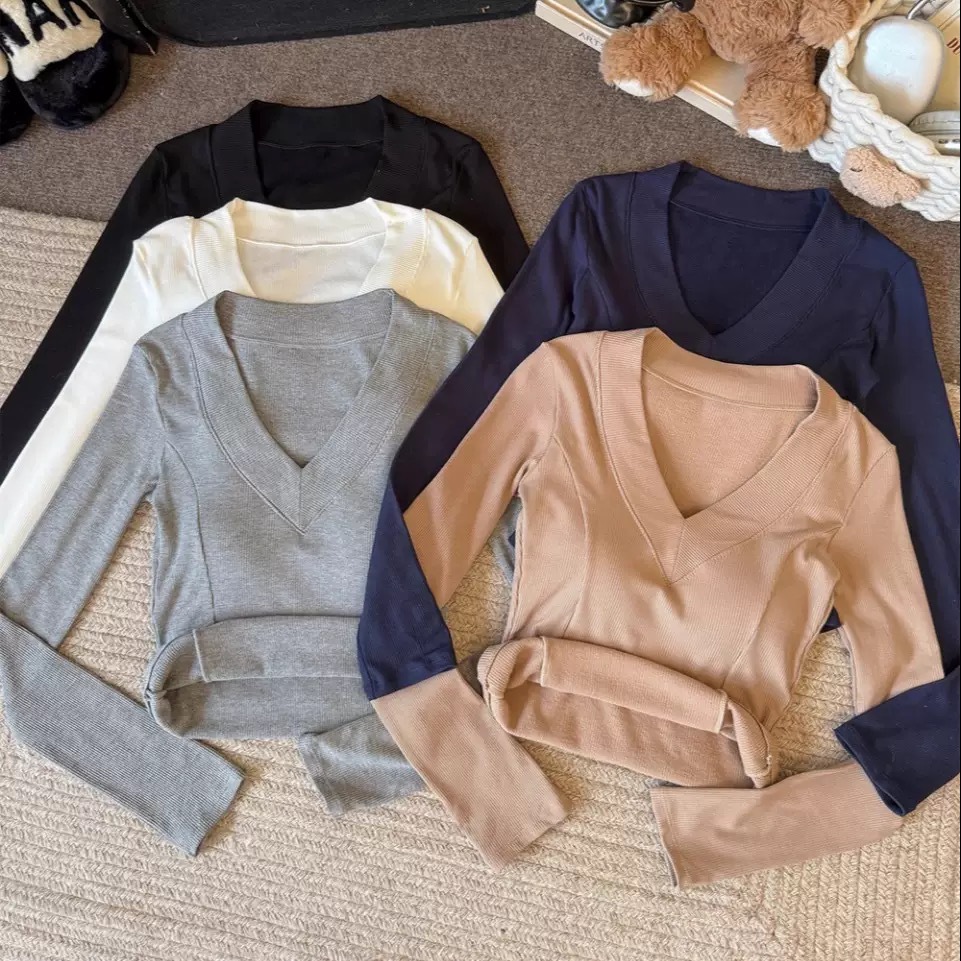 Early Autumn New Sweet Right Shoulder V Neck Brushed Warm Long-Sleeved T-Shirt Slimming Look Tight Fixed Belt Chest Pad Women's Slim Fit