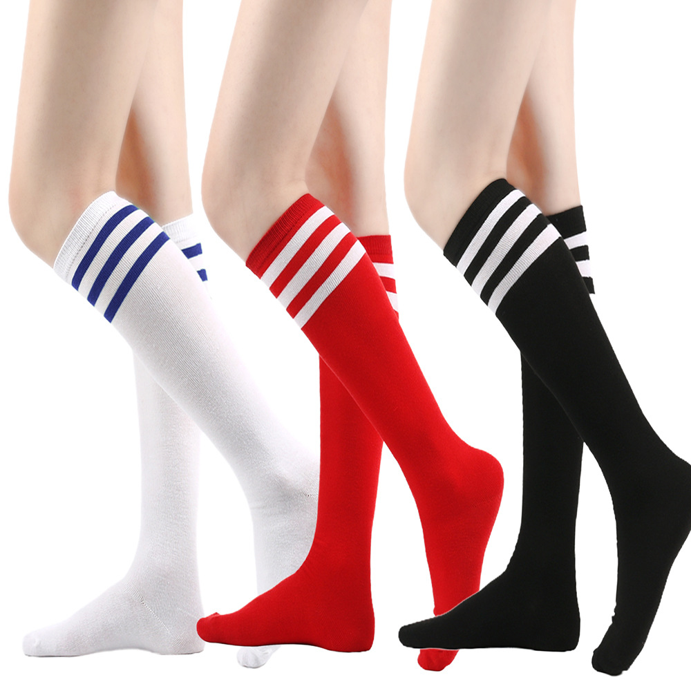 Cross-border summer three-bar mid-tube socks ladies black cotton knee-high socks striped socks European and American performance socks calf socks JK