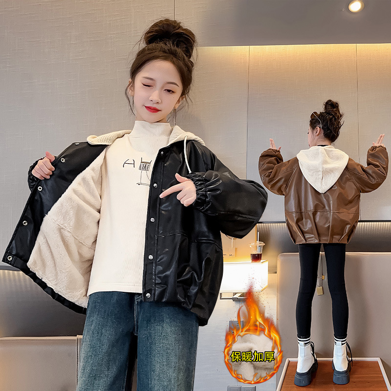 Girls' Leather Tops Spring and Autumn 2025 New Style Autumn Clothes Children's Clothes Internet Celebrity Fashionable Tops Girls' Tops