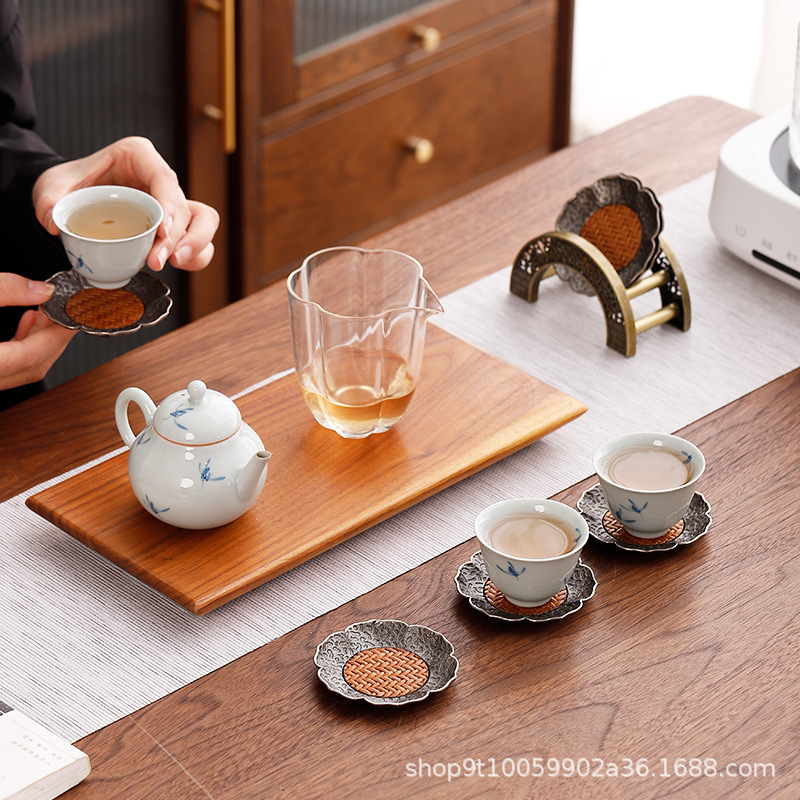 Chinese Antique Silver Alloy Tea Cup Mat Bamboo Mat Heat Insulated Tea Cup Cup Holder Saucer Kung Fu Tea Set Accessories with Storage Rack