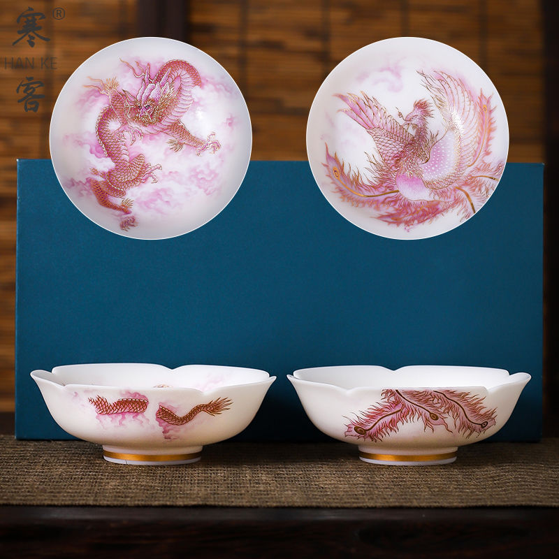 高端羊脂玉堆金龙凤茶杯个人主人茶杯白瓷茶道功夫茶具品茗杯茶盏