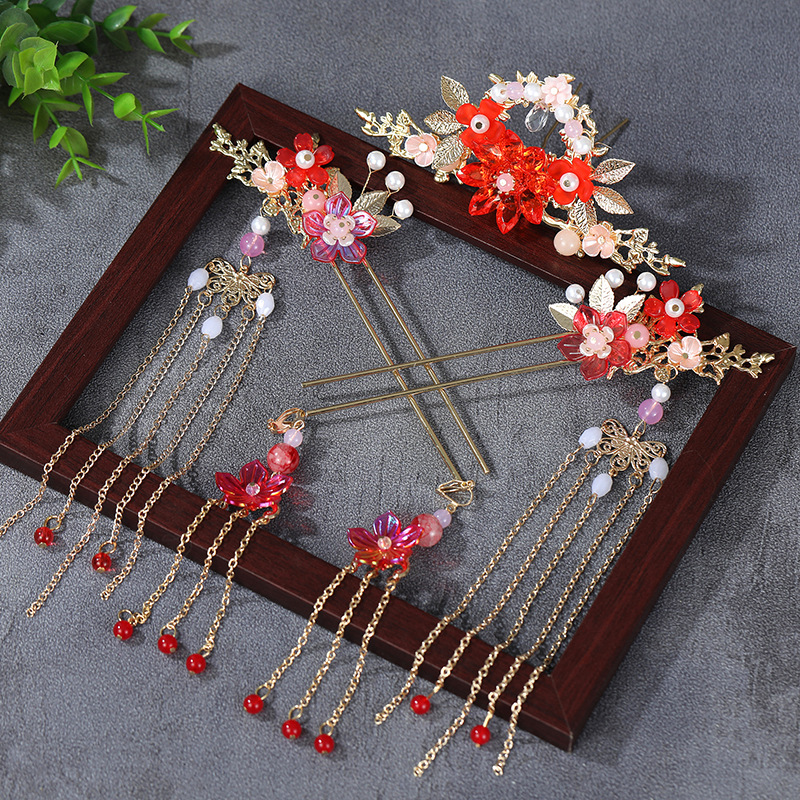 New Hanfu children's headdress tassel full set of red ancient style glass raccoon hair crown simple hair super fairy ancient costume step shake