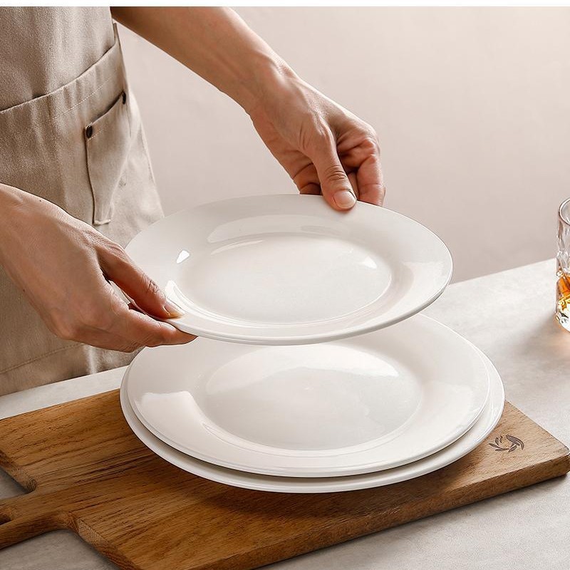 Flat Plate, Shallow Plate, Pure White Ceramic Plate, Household Dish Plate, Hotel Western Steak Plate, Dish Plate, Western Tableware
