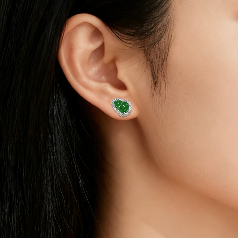 Pt950 Platinum Cultured Diamond Gourd Full Diamond Jade Earrings