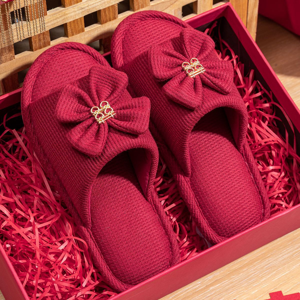 Lidani Wedding Slippers Wedding Festive Red Male and Female Couple Spring & Fall Accessible Luxury Newlywed Red Slippers