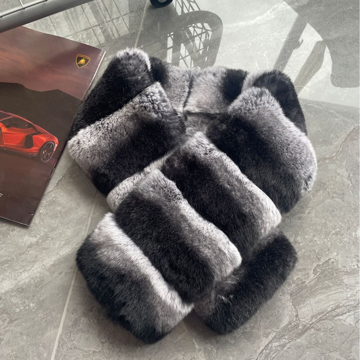 Double-Sided Rex Rabbit Fur Chinchilla Blue and Purple Striped Fur Scarf