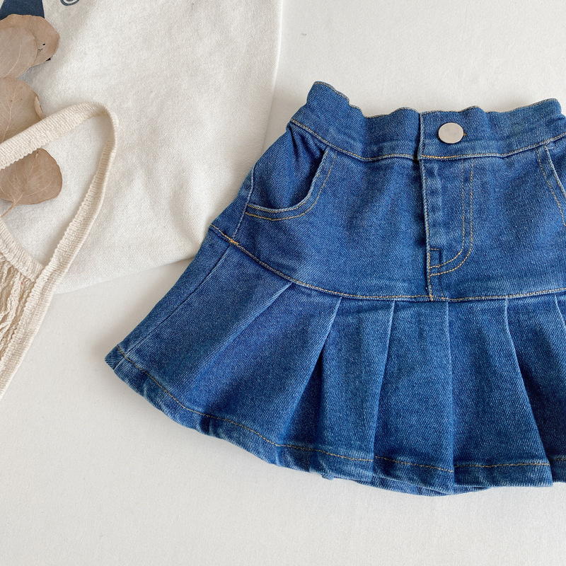 Girls' Denim Pleated Skirt Pants Children's Wear 2023 Summer Korean Style Baby Girl Stretch Short Skirt 52901 Skirt