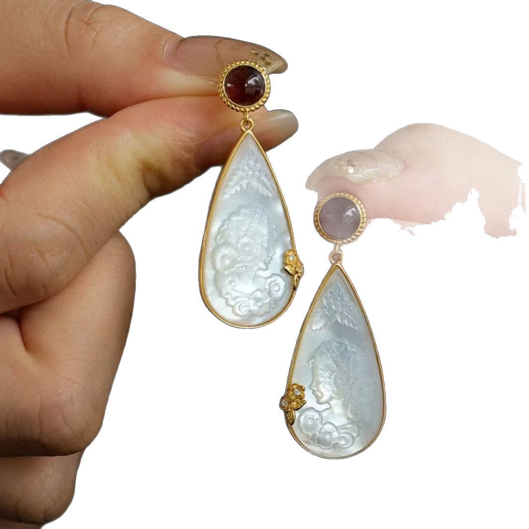 S925 Silver Inlaid with White Mother-Of-Pearl, Black Mother-Of-Pearl, Garnet, Pearl Water Drop Cameo Queen Earrings, 2025 New Model