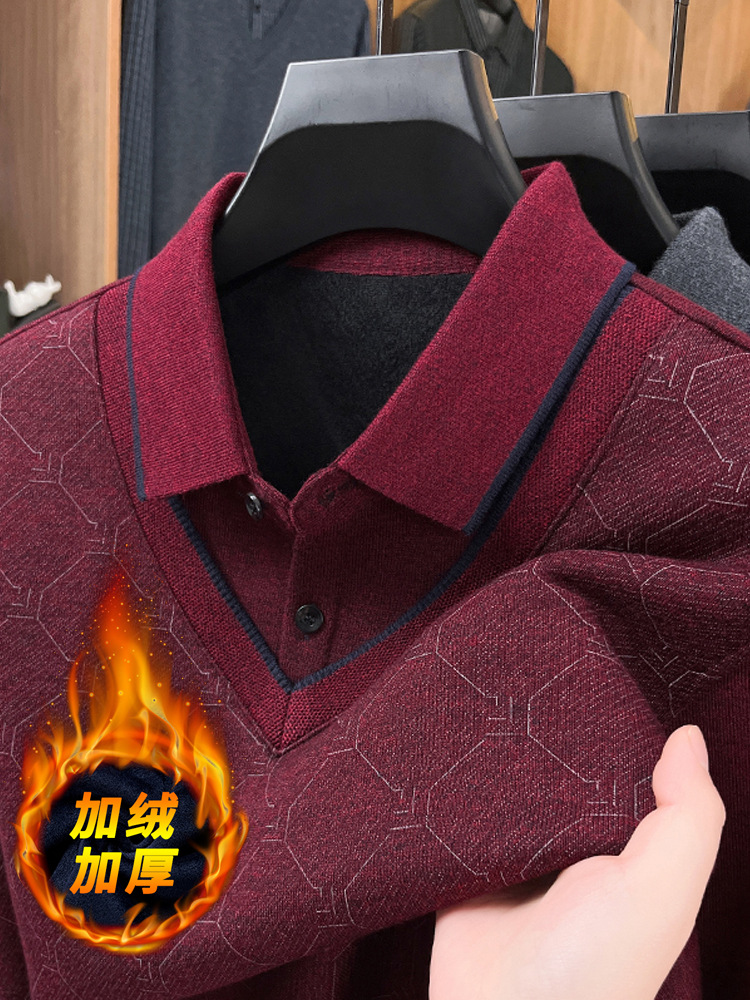Winter Fleece-Lined Thick Sweater for Men, Middle-Aged and Elderly Dad's Casual Turn-Down Collar Fake Two-Piece Warm Base Sweater for Men