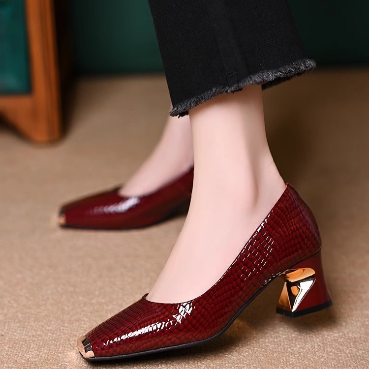 Metal Head Anti-kick Shallow Mouth Single-layer Shoes Women's 2025 Spring and Autumn New French Snakeskin Chunky Heel All-match Soft-soled Leather Shoes