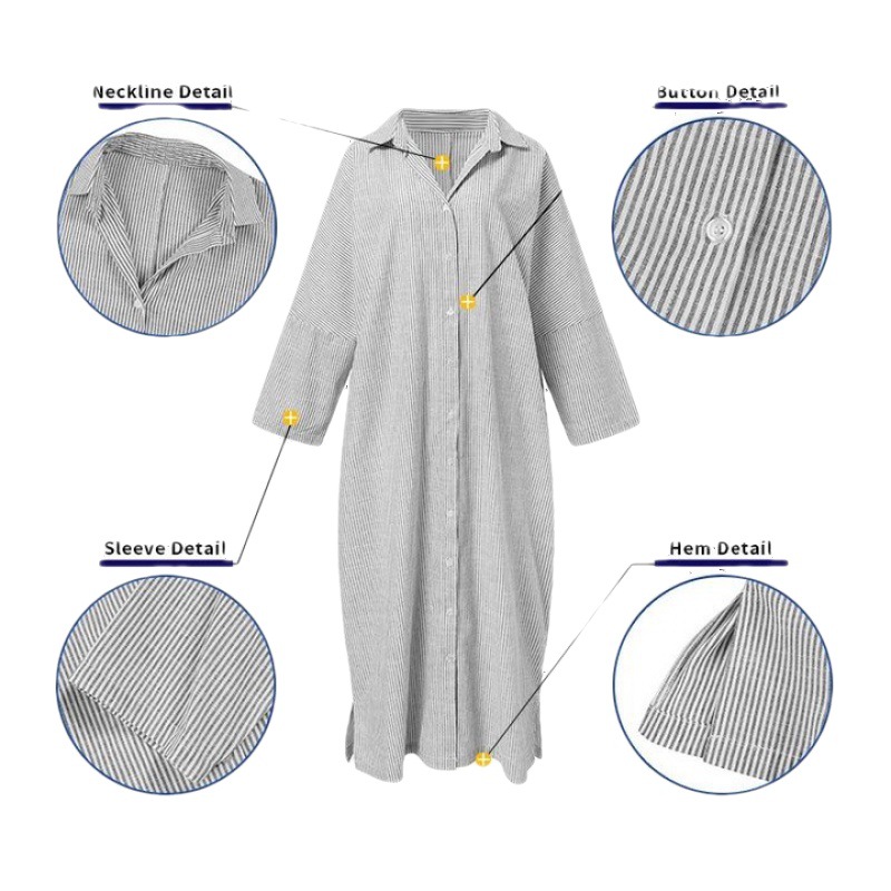 Cross-Border 2025 Southeast Asia Aliexpress New Cotton and Linen Stripesd Cardigan Loose Large Size Elegant Commuter Dress for Women