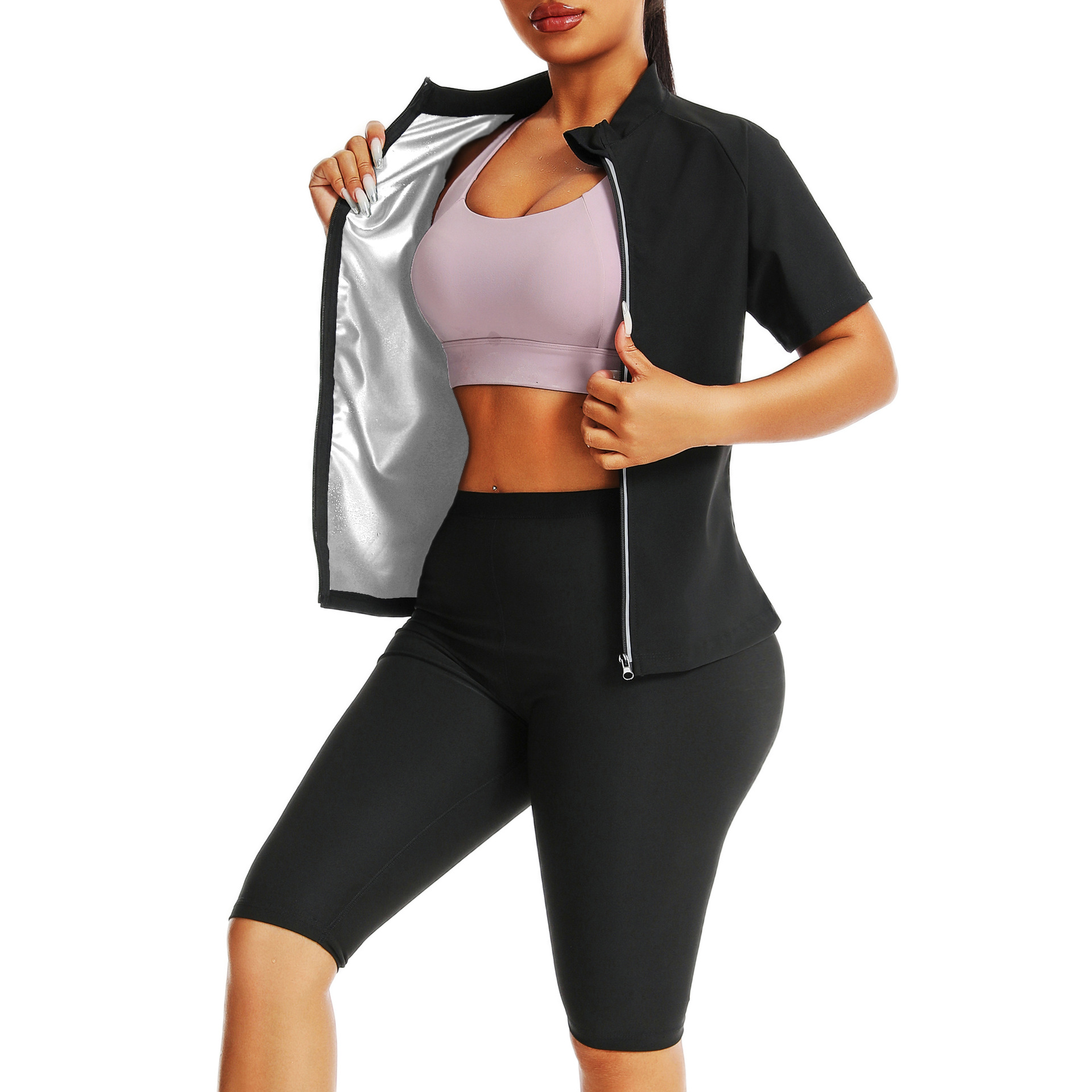 Cross-border Sweat Suit Women's Summer Short-sleeved Shorts Suit Fitness Sports Running Yoga Suit Sauna Sweat Suit Top