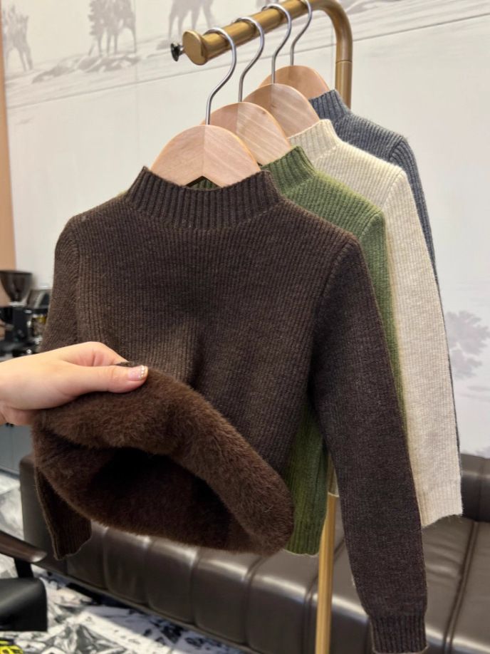 Autumn and Winter Kidsren's All-In-One Velvet Knitwear Half Turtleneck Knitwear Kidsren's Clothing Korean Style Pure Color Bottoming Shirt for Boys and Girls