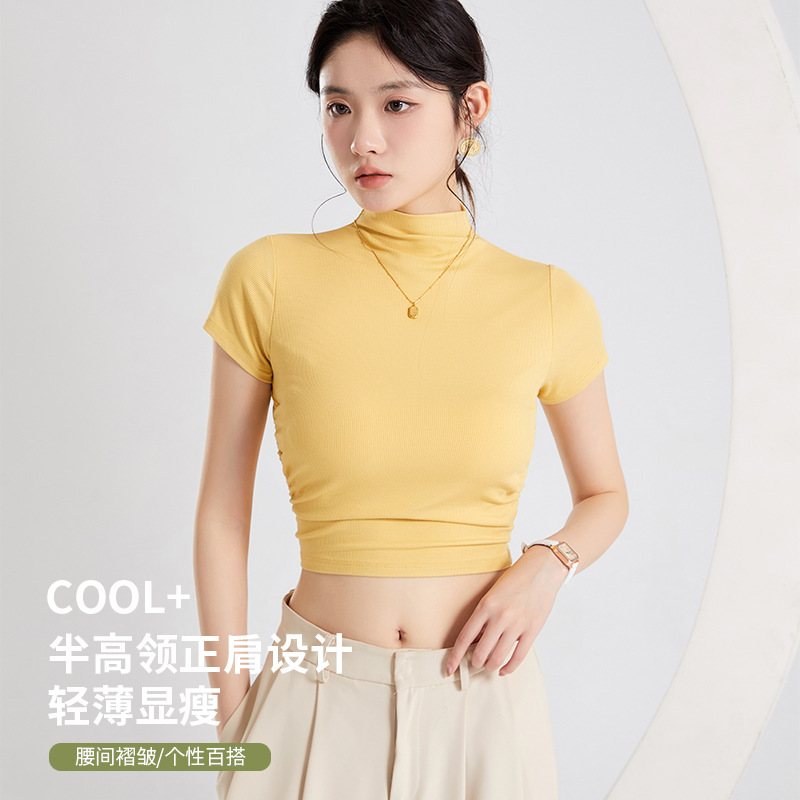 Cup one-piece women's summer with chest pad turtleneck bottoming slim-fit navel short shoulder top elegant outer wear