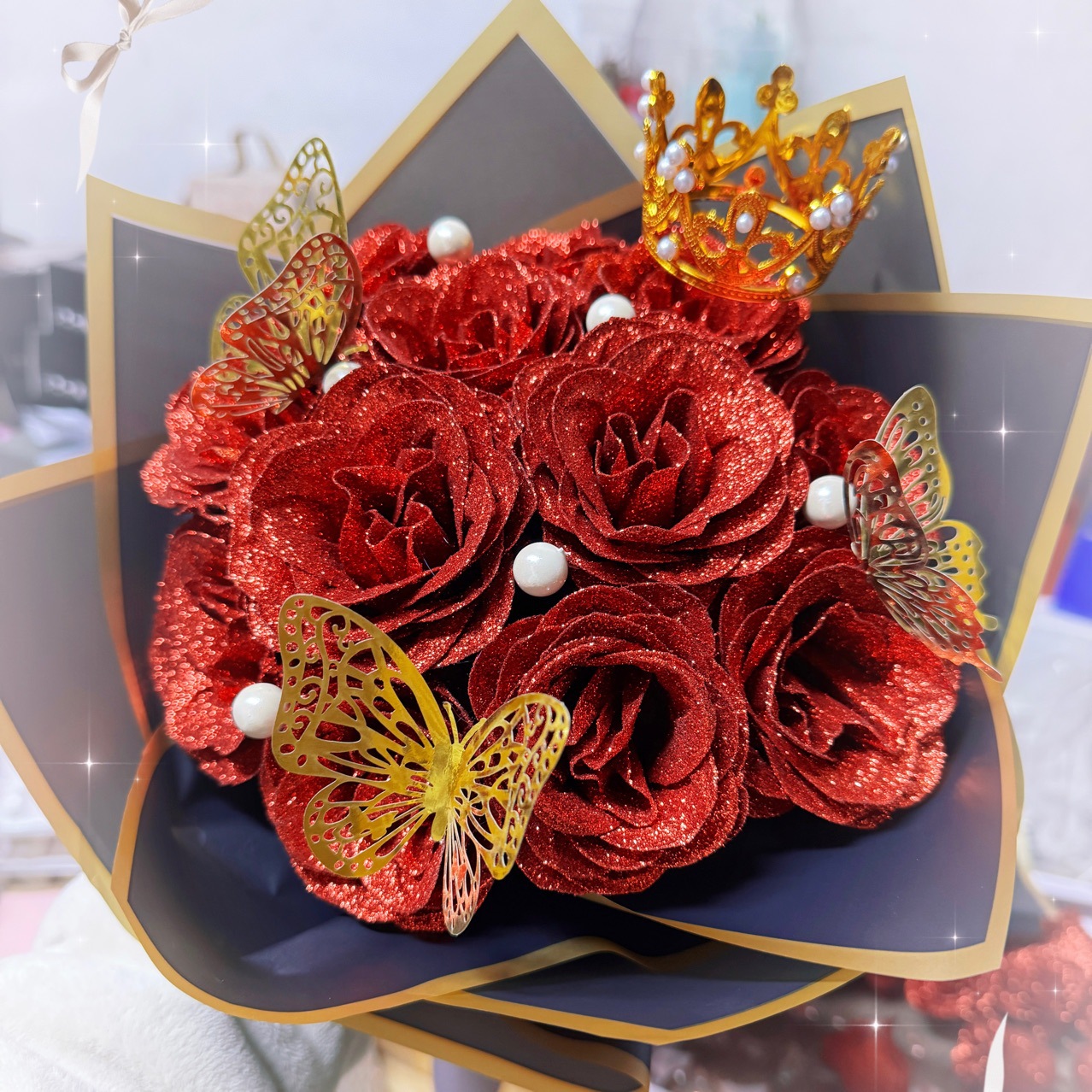 12 блестящих роз в букете, перламутровая открытка, ко Дню святого Валентина, искусственный розовый букет, упаковочная бумага, корона с бабочкой