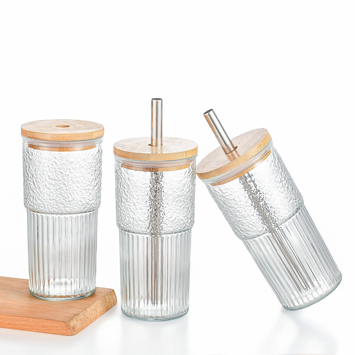 Cross-border new wooden cover 20oz hammer pattern milk tea glass drink cup vertical pattern Coffee Milk Cup Coke cup beer cup