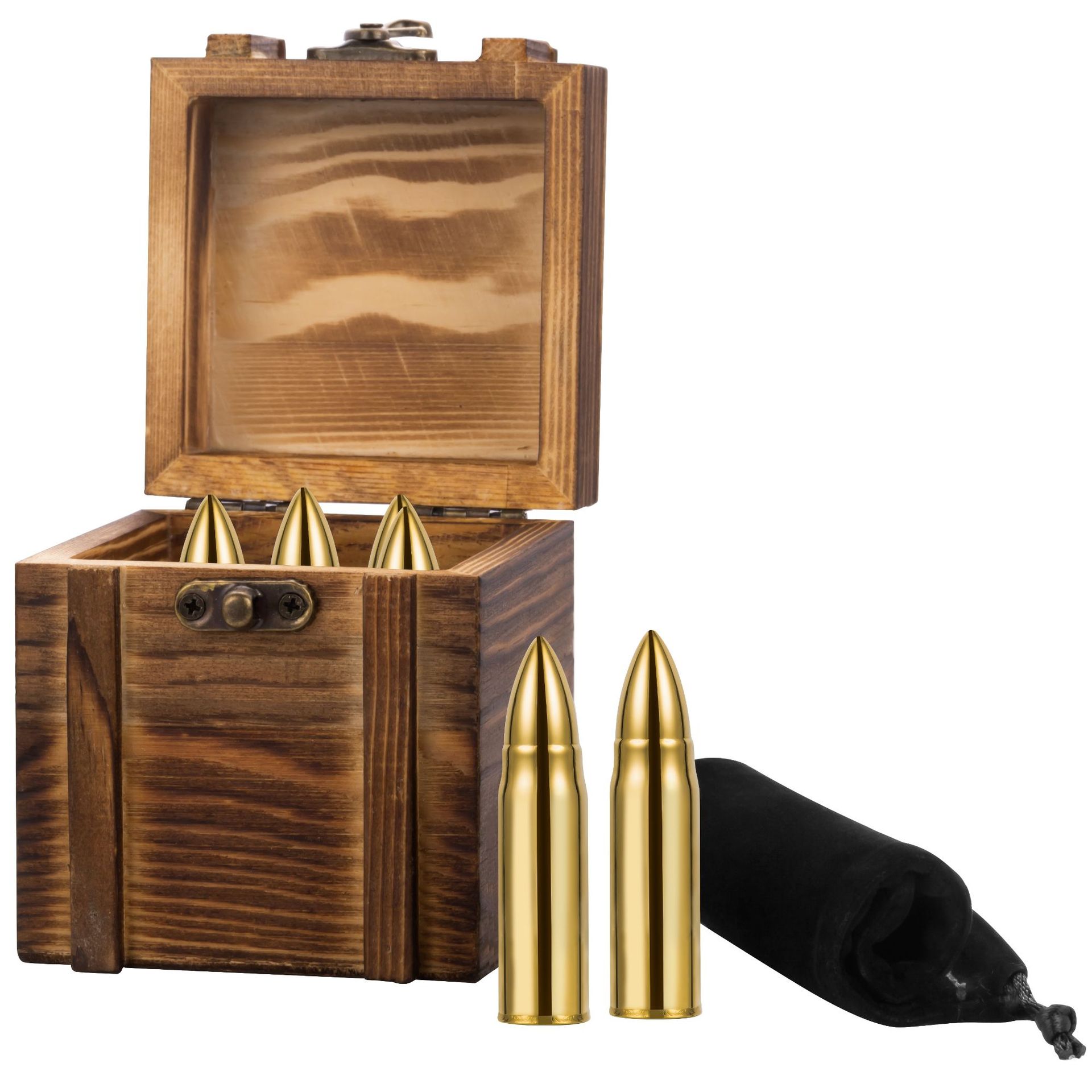 Amazon Bullet Whiskey Stone Set-Wooden Boxed Gold/Silver Ice Cube Bullet Ice Wine Stone
