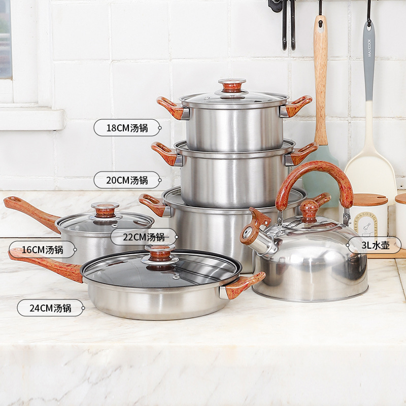 Cross-Border Bakelite Non-Stick Pan Set 12-Piece Set with Wood Grain Handle Cooking Pot Kitchen Soup Pot Milk Pot Frying Pan Pot Set