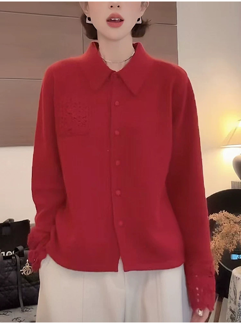 Lapel Sweater Women's Autumn and Winter Lazy Style Soft and Waxy Loose Slimming Look Age-Reducing Lace Crochet Knitted Cardigan Top