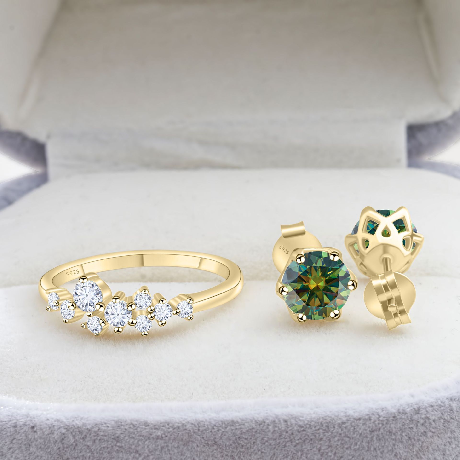 Cross-Border Exclusive S925 Silver Moissanite Set Earrings + Ring with Certificate Sparkling Fire Diamond Cross-Border Hot Sale